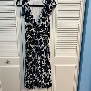 Evan Picone Navy Blue and White Floral Midi Dress with Lime Accents